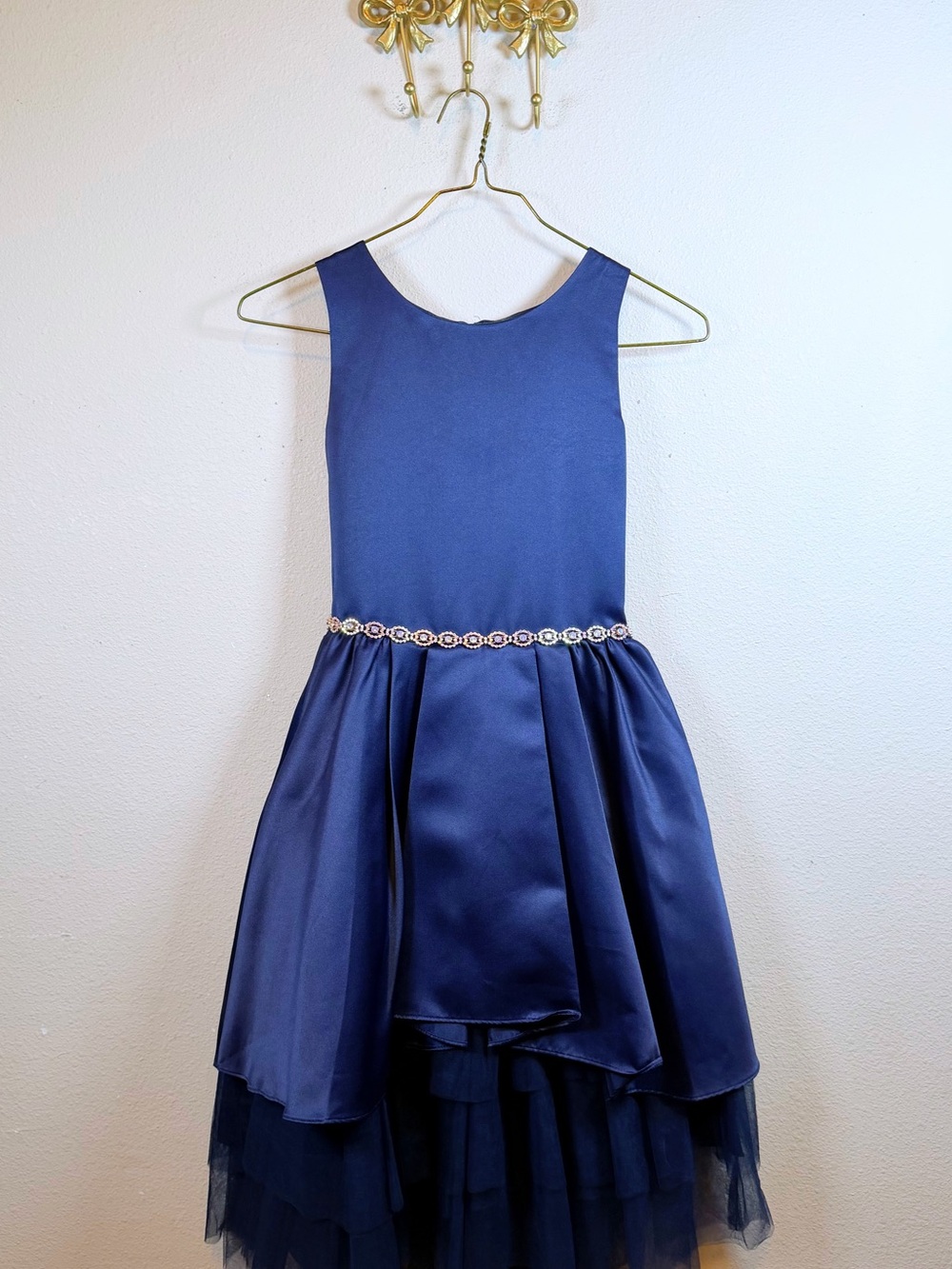 Rare Editions Navy Satin High-Low Party Dress with Beaded Waist. Size 16 Girls